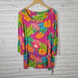 Palm Harbour Womens Top 2X Plus Tunic 3/4 Sleeve Pink Floral Tied Side FLO252E